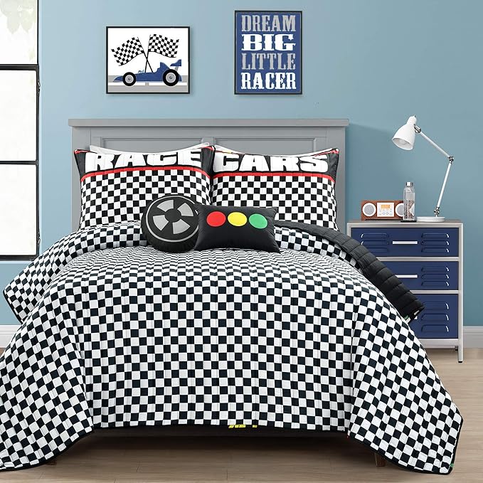 Lush Decor Racing Cars Reversible Quilt Queen Size 5 Piece Set Full/Queen Black & Multi - Kids Bedding Set Queen Quilt - Car Decor