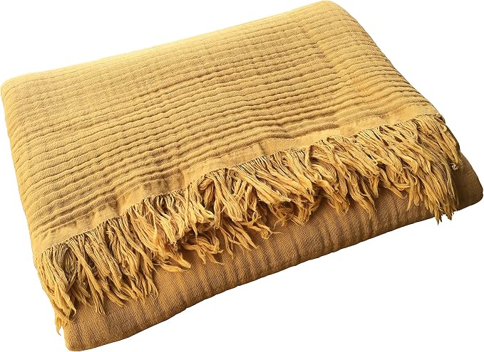 KyraHome 100% Organic Cotton Throw Blankets, 50"x60" Pre-Washed Plant Dyed, Breathable, Lightweight Summer Muslin Blankets, Adults, Couch, Picnic, All Season, Mustard Yellow