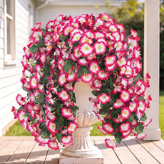 Sggvecsy Artificial Fake Hanging Flowers Plants for Outdoor Outside Spring Summer Decoration 2PCS Faux Silk UV Resistant Realistic Morning Glory Trailing Vines for Home Porch Patio Balcony(Pink)