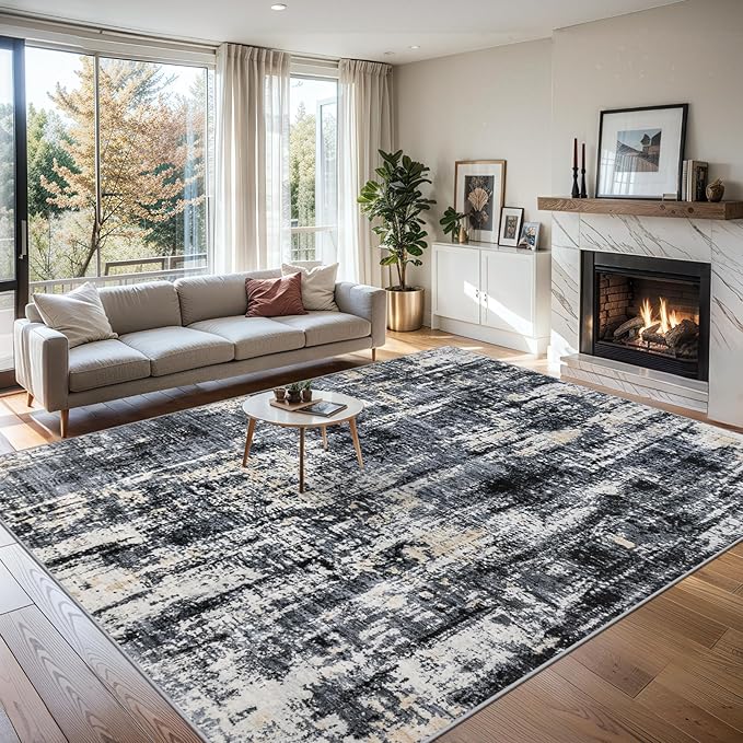 8x10 Area Rugs for Living Room - Washable Rug Modern Abstract Soft Large Neutral Non-Slip Carpet Indoor Floor Thin Carpets for Bedroom Dining Room Farmhouse Nursery Home Office Black Gold
