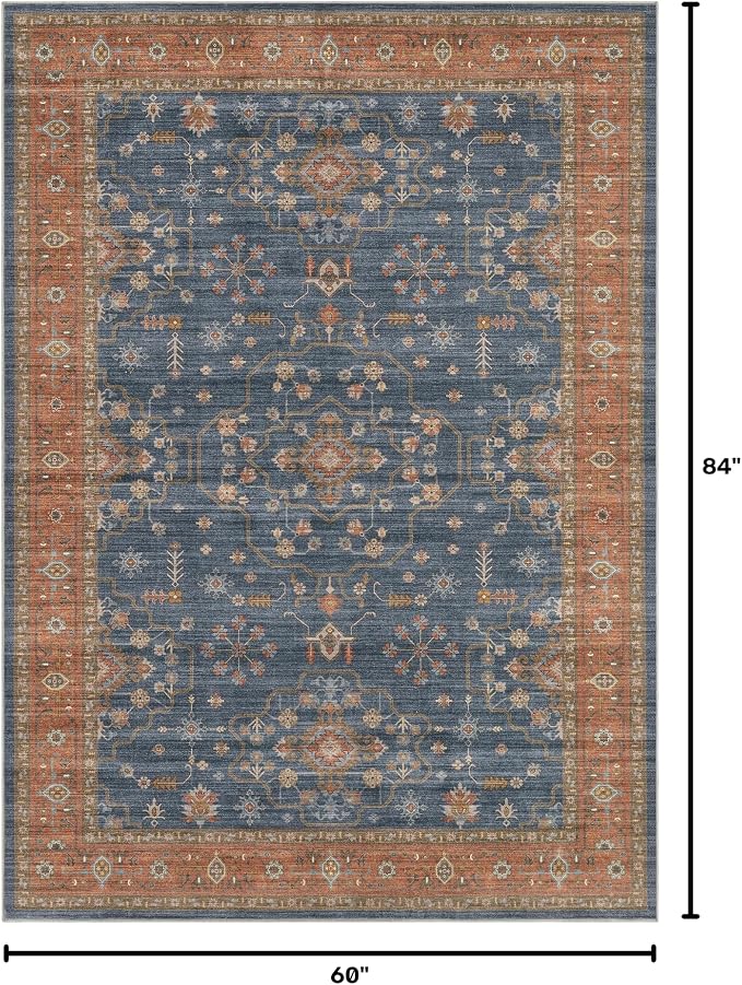 5x7 Area Rug for Living Room- Machine Washable Soft Oriental Vintage Large Indoor Floor Carpet for Bedroom Under Dining Table Home Office Decor - Blue Terracotta