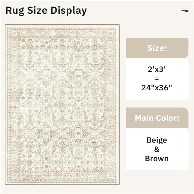 Soalmost 2x3 Washable Rugs for Kitchen, Floor, Entryway, Powder Room Small Area Rug Non-Slip Vintage Low Pile Throw Door Mat Beige/Brown