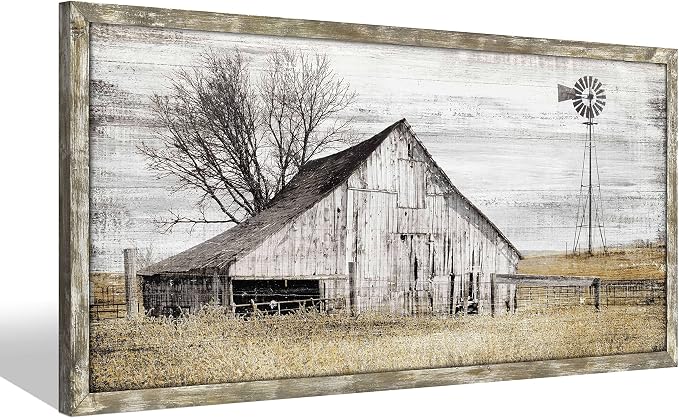 Barn Wall Art Decor Picture: Bedroom Framed Farmhouse Wooden Painting Rustic Horizontal Country Landscape Farm Windmill Print Long Panoramic Nature Scene Countryside Artwork for Living Room Bathroom