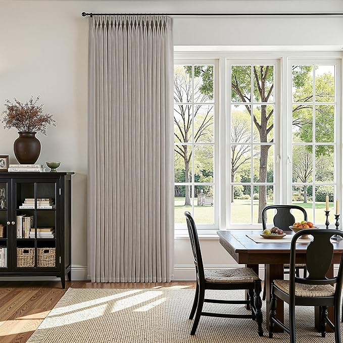 Pinch Pleated Linen Curtains 120 Inches Long 2 Panels for Living Room Bedroom Light Filtering Curtain Memory Shape Trained Pinch Pleat Thick Linen Drapes Back Tab with Hooks Clip Rings Taupe