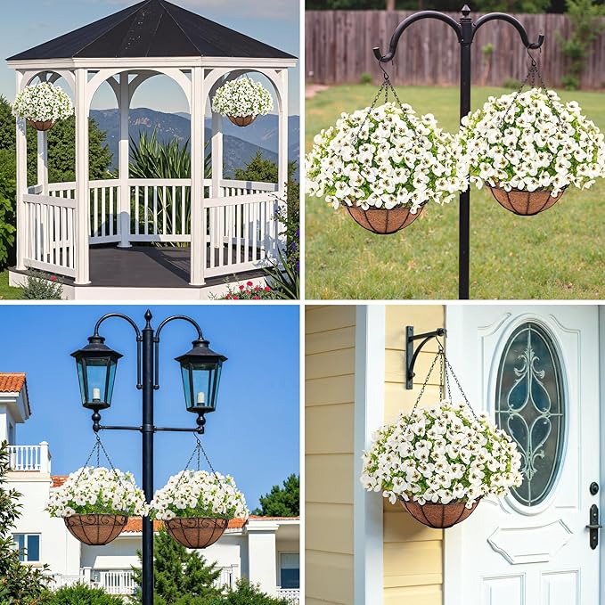 Artificial Hanging Flowers with Baskets for Outdoors, Fake Silk Pansy Flowers UV Resistant Faux Hanging Plants for Front Porch Patio Yard Home Spring Summer Decoration, White