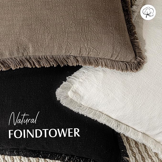 Foindtower Set of 2 Decorative Linen Fringe Throw Pillow Covers Cozy Boho Farmhouse Cushion Cover with Tassels Soft Accent Pillowcase for Couch Sofa Bed Living Room Home Decor, 16×16 Inch, Light Brown