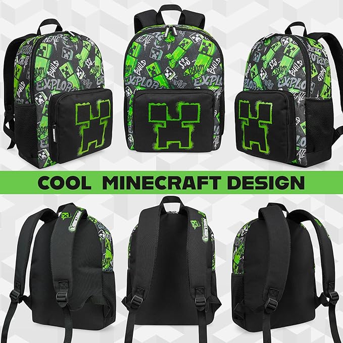 Minecraft Backpacks for Kids Creeper Boy Bag with Zipped Pockets Adjustable Straps Kids Bag for Gaming Travel and School Backpack Boy Gifts (Black, 15.74x11.41x6.69inch)