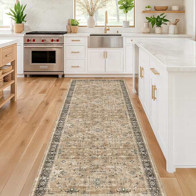 Washable Natural Sage 2x10 Entryway Long Runners for Hallways, Kitchen Floor Mat for Indoor Entrance, Taupe Vintage Earthy Decor, Non-Slip Stain Resistant Low-Pile Throw Rug