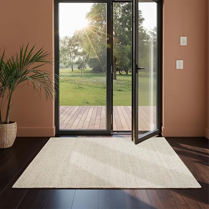 GRUHUM Jute Cotton Area Rug 3'x5'ft Rectangle Hand Woven Natural Farmhouse Rug -Living Room, Bedroom, Kitchen, Hallways, Entryways- Rustic Vintage Bohemian Eco-Friendly Home Décor 3x5ft Doormat