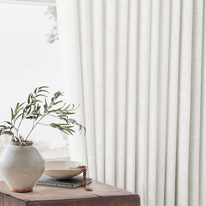 Extra Wide Pinch Pleat Curtains 120 Inches Long for Patio Sliding Glass Door White Linen 70 Inch Wide Curtain Memory Trained Pleated Drapes with Hooks Rings Semi Sheer 70x120 Curtain for Large Window