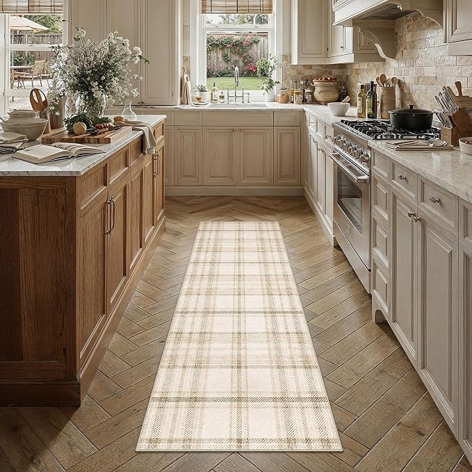 2x5 Beige Runner Rug for Kitchen Machine Washable Low Pile Checkered Carpet Modern Accent Soft Non Slip Rug for Bathroom Bedroom Nursery Indoor