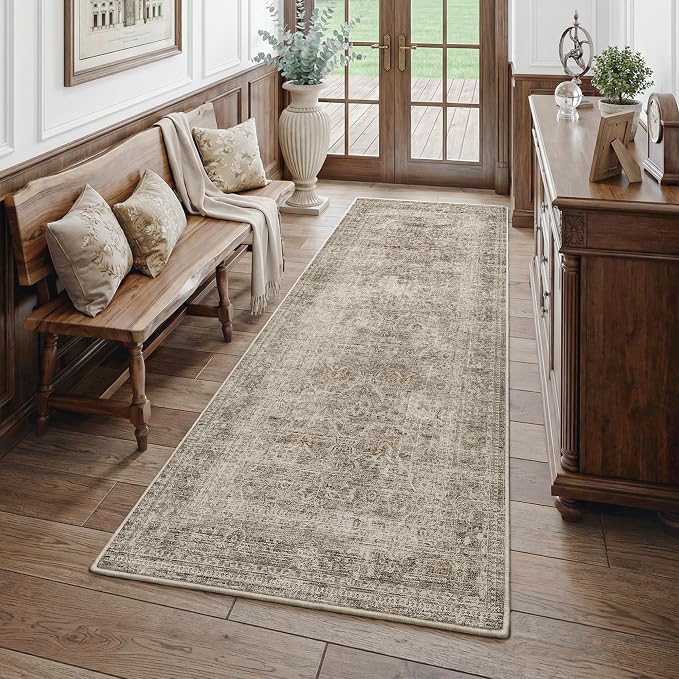 Fmfunctex 3x7 Runner Rug Taupe Washable Vintage Neutral Distressed Non Slip Low Pile Indoor Carpet Soft Retro Floral Hallway Entryway Rug for Kitchen Living Room Bedroom Bathroom Laundry Entry Bedside