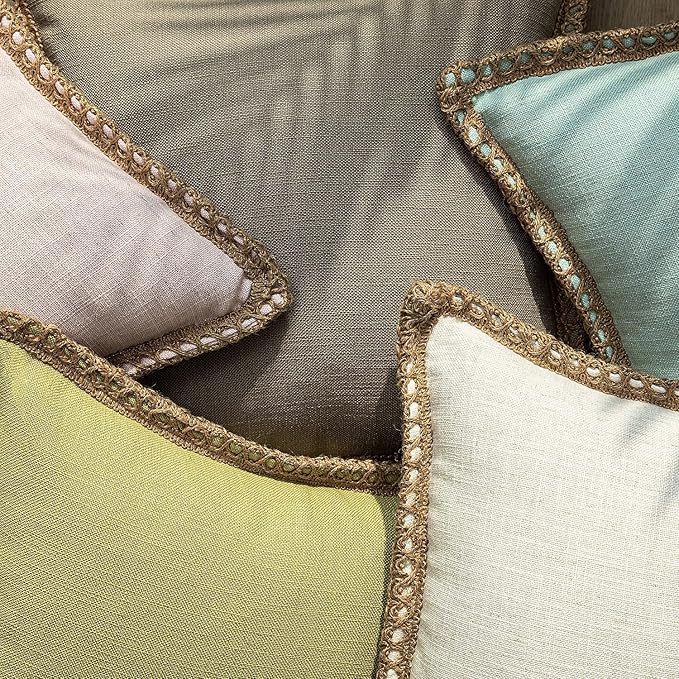 Phantoscope Pack of 2 Farmhouse Modern Spring Decorative Throw Pillow Covers Burlap Linen Trimmed Outdoor Pillows Tailored Edges Off White 18 x 18 inches, 45 x 45 cm