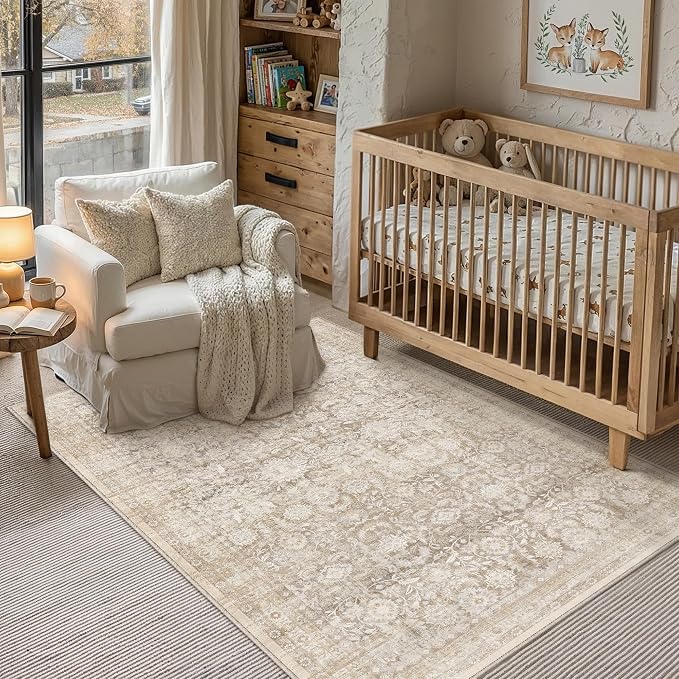3x4 Beige Washable Neutral Area Rug for Living Room Floral Non Slip Low Pile Throw Rug Indoor Vintage Traditional Stain Resistant Distressed Carpet Bedroom Doormat Dining Room Entrance Bathroom