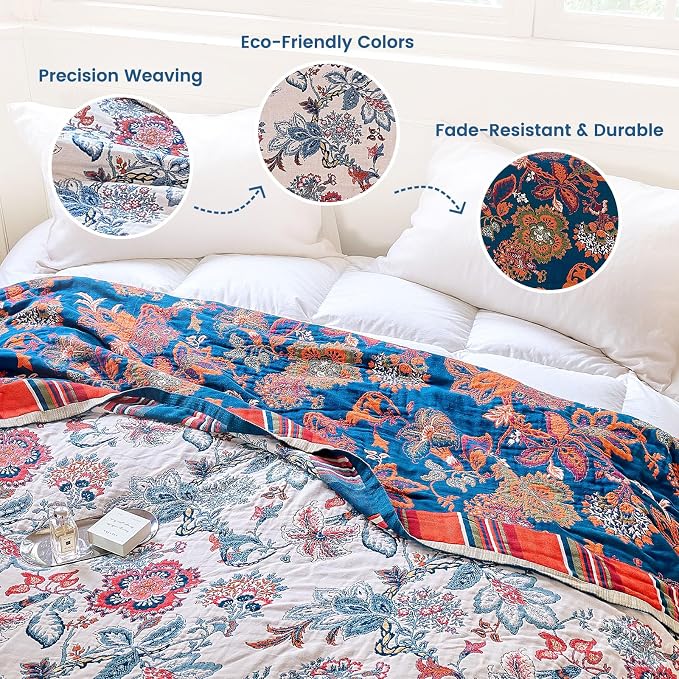 MSGKV Boho Throw Blanket 90"x90" 100% Cotton Floral Blanket for Bed Summer Breathable Lightweight Queen Blankets All Seasons Home Decor Muslin