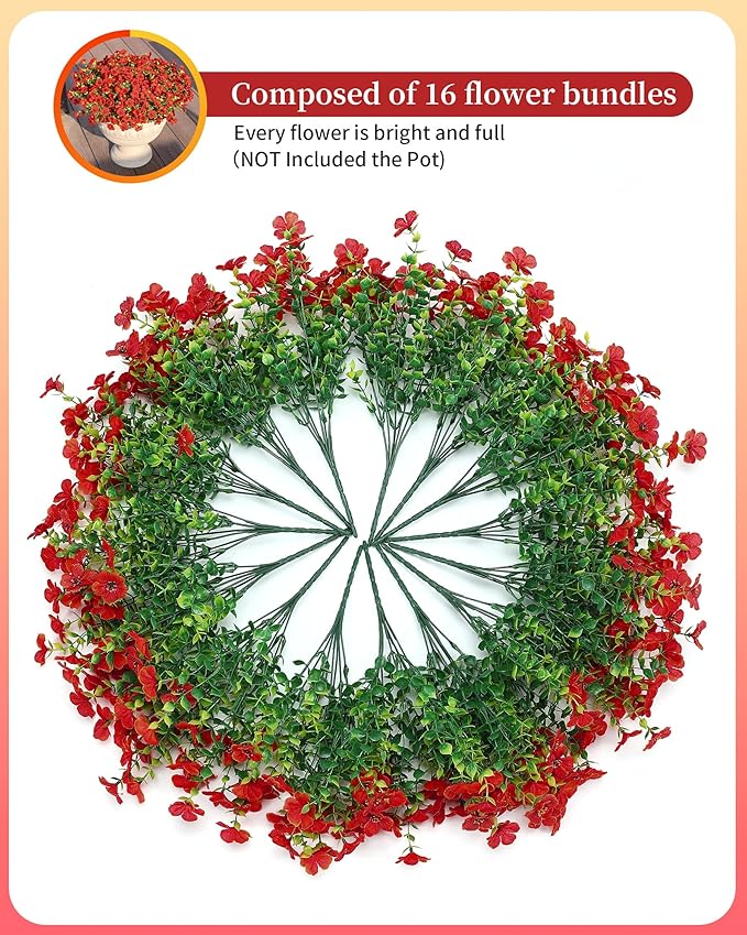 Artificial Flowers for Outdoor Decor, 16 Pack UV-Resistant Fake Red Silk Daisy Flowers, Perfect for Spring & Summer Decorating – Front Porch, Patio, Window Boxes, and Potted Plants