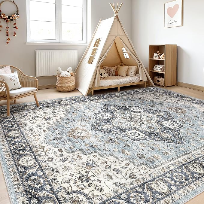 7x10 Area Rug Living Room: Washable Boho Large Neutral Vintage Soft Rug Stain Resistant Farmhouse Non-Slip Indoor Floor Carpet for Bedroom Nursery Kids Office Dining Room Home House- Blue Tan