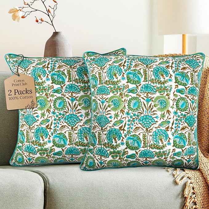 CPC Aqua Green Floral Printed Throw Square Cushion Covers - 18x18 Inch 100% Cotton Washable Decorative Couch Pillows Covers for Living Room Bed Sofa and Outdoors Spring, Easter, Valentines Gift