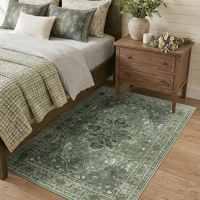 RELEANY Area Rugs 3'x4' Washable Non-Slip, Floral Vintage Distress Medallion Carpet for Living Room Bedroom Dining Room, Dark Green Gray