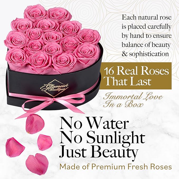 GLAMOUR BOUTIQUE 16 Flower Forever Heart Shape Box, Eternal Preserved Roses Gift for Her, Lasting Flowers, Romantic Floral Keepsake for Birthday, Anniversary or Valentine’s Day, Pink (Color-Treated)