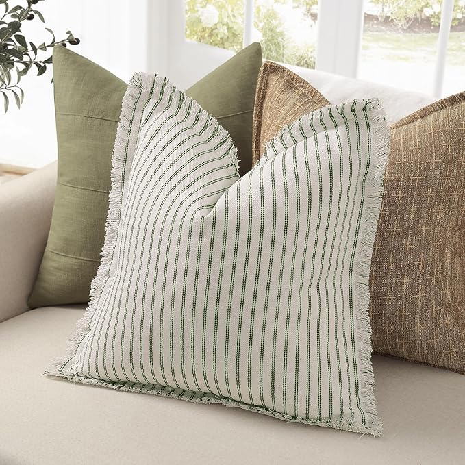 ZWJD Throw Pillow Covers 24x24 Set of 2 Striped Pillow Covers with Fringe Chic Cotton Decorative Pillows Square Cushion Covers for Sofa Couch Bed Living Room Farmhouse Decor, (Olive Green)