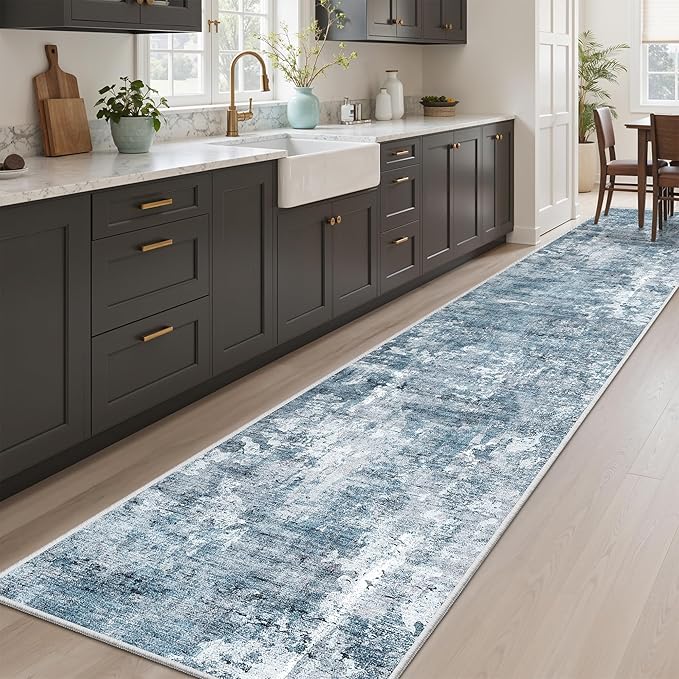 Soalmost Runner Rug 2'x10' Abstract Washable Non-Slip Runner Rugs for Kitchen Bathroom Laundry Room Blue Vintage Floor Carpet Runners for Hallway Entryway
