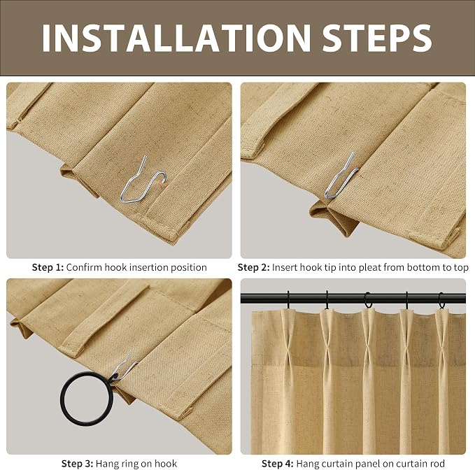 Gold Pinch Pleated Linen Curtains 108 Inch Length 2 Panels Set for Living Room Bedroom Heat Boho Farmhouse Country Privacy Light Filtering Semi Sheer Back Tab Drapes with Hooks for Nursery 40x108