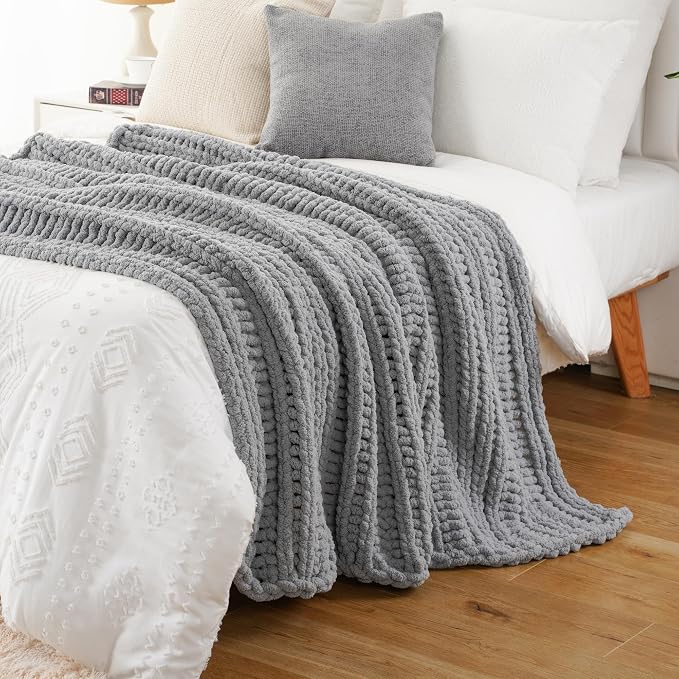 Battilo Chunky Knit Throw Blanket for Couch, 50"x60", Light Grey | Hand Knit with Chunky Yarn, Gift Blanket, Cozy Warm Thick Soft Chenille Throw Blanket for Bed, Sofa, Living Room