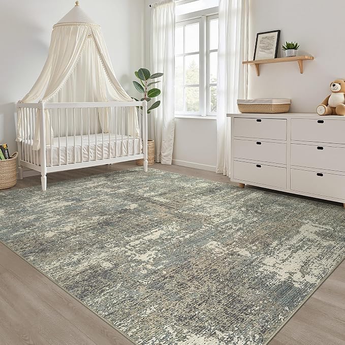 9x12 Area Rug Living Room: Washable Large Neutral Rug Abstract Soft Modern Stain Resistant Indoor Floor Non-Slip Carpet for Bedroom Nursery Kids Office Playroom Dining Room- Green Brown