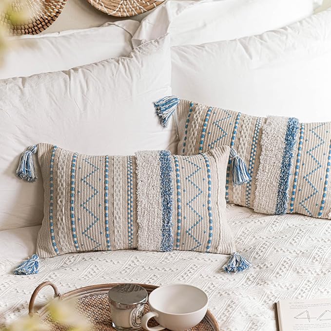 BlissBlush Decorative Lumbar Throw Pillow Covers 12x20 Combo Set of 2 Rectangular Coastal Blue Boho Accent Pillowcase Neutral Farmhouse Cushion for Couch Sofa Bedroom Living Home Décor Cover ONLY
