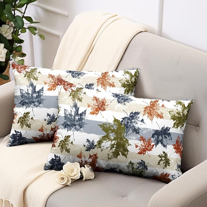 Thanksgiving Colorful Maple Leaves Lumbar Pillow Covers 12x20 Set of 2 Fall Rectangular Pillow Covers Blue Beige White Stripes Pillowcase Autumn Throw Pillow Covers for Patio Indoor Couch