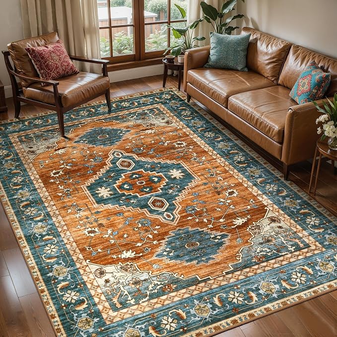 Tangsoo Vintage 4X6 Washable Area Rug, Teal Oriental Indoor for Living Room, Non Slip Machine Washable Large Tumble Rugs, Soft Print Carpet for Bedroom Dining Room Dorm Office Home Decor