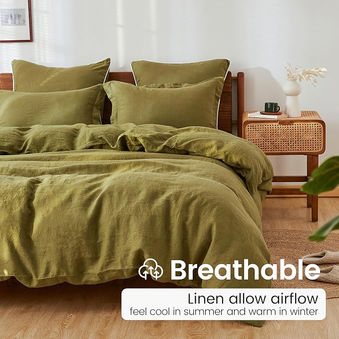 100% French Linen Pillow Shams Basic Style - Pack of 2 - Washed Solid Color Natural Flax Soft Breathable - Olive, 20'' x 36''