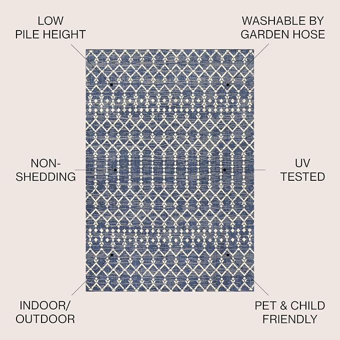 JONATHAN Y Moroccan Geometric Indoor Outdoor Round Area Rug 9 Ft Navy/Beige, Ourika Textured Weave for Backyard, Patio, Porch, Easy-Cleaning, High Traffic, Pet-Friendly, Non-Shedding (SMB108K-9R)
