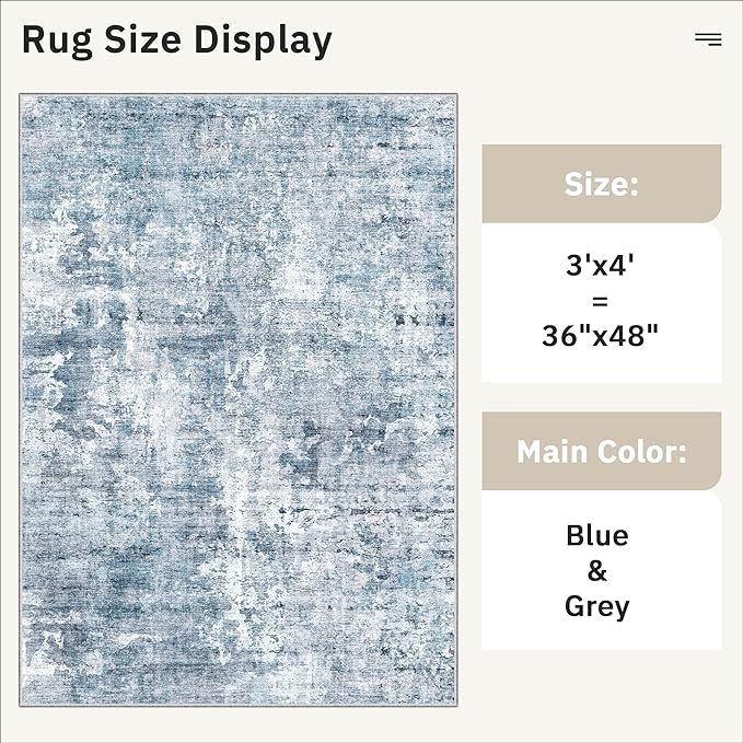 Soalmost 3x4 Rug, Small Area Rug for Kitchen, Entryway, Machine Washable Non-Slip Throw Rug, Vintage Carpet for Nursery Coffee Table Blue/Grey
