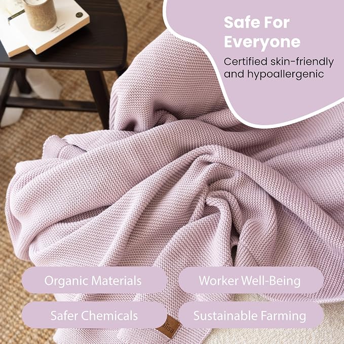 Dalisa 100% Organic Turkish Cotton Throw Blanket Lavender Frost– GOTS Certified, Cozy, with Reusable Cotton Gift Bag – Perfect for Couch, Bed, and Home Decor – Boho Vintage Knit Alina