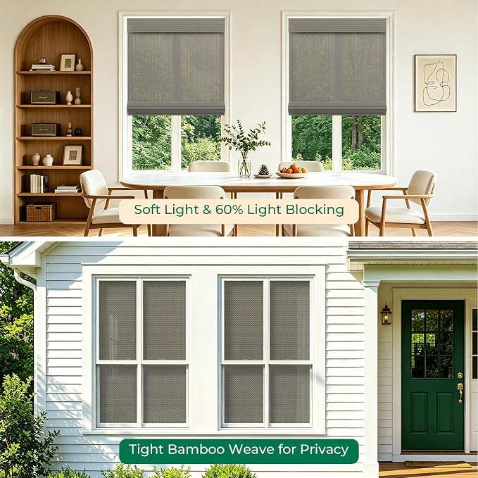 Allesin zen No Drill Cordless Bamboo Roman Shades, Light Filtering Gray, Custom Size