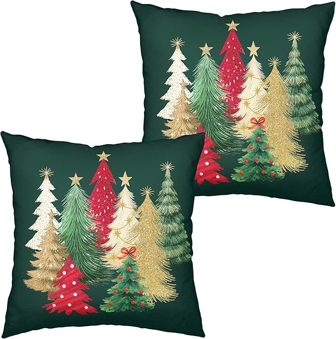 Christmas Pillow Covers 24x24 Set of 2 Colorful Xmas Tree Throw Pillow Covers Green Winter Holiday Decorative Pillowcase Double Sided Printing Cushion Case for Home Decor Sofa Couch