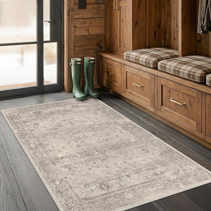 3x5 Washable Entryway Rug, Non-Slip Low Pile Soft Mudroom Rug, Stain Resistant, Greige, Warm Grey Granite, Vintage Mineral Geometric, Organic Modern, Farmhouse for Kitchen & Bedroom Bedside