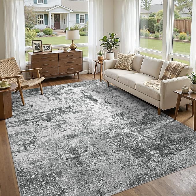UERMEI 8x10 Area Rug for Living Room - Washable Neutral Modern Abstract Carpet, Non-Slip Soft Large Indoor Floor Rugs for Bedroom Home Office & Under Dining Table Decor, Grey Black