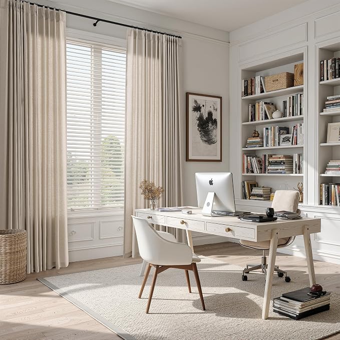 Guken Light Khaki Pinch Pleated Linen Curtains 84 Inch Length 2 Panels Set for Living Room Bedroom Neutral Modern Farmhouse Boho Light Filtering Semi Sheer Back Tab Draps with Hooks Rings 40x84