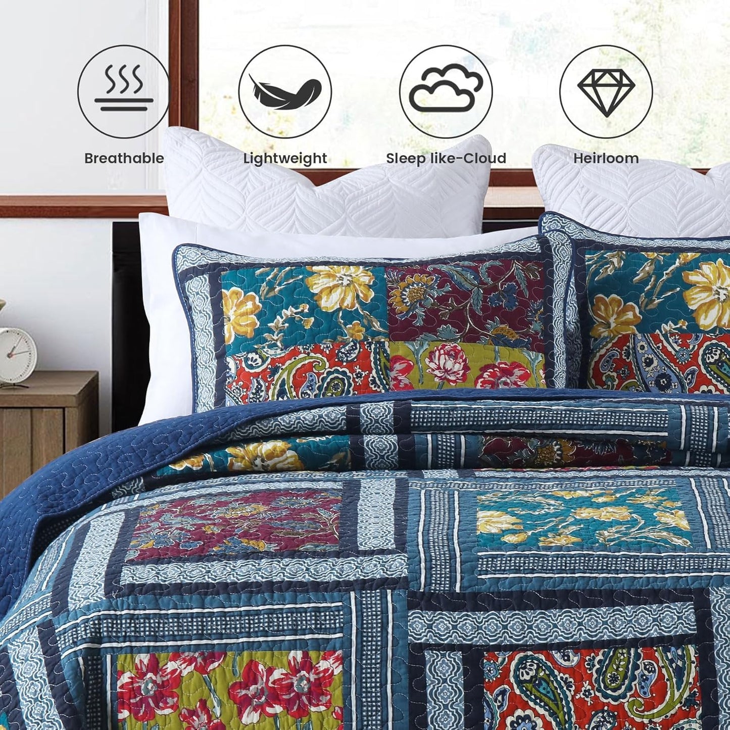 Secgo Queen Comforter Set for Bed - 100% Cotton Quilts Queen Size, Burgundy Bedspreads (90 * 98 Inch) with 2 Pillow Shams, Patchwork Reversible Lightweight Bedding