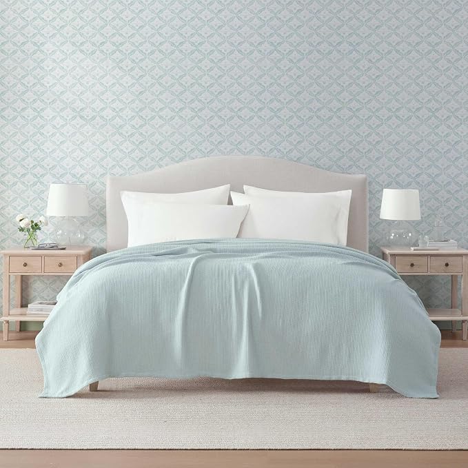 Martha Stewart - Twin Bed Blanket, 100% Cotton Textured Basket Weave Bedding, Breathable & Lightweight Blanket for Couch or Bed, Bedford Tile Blue