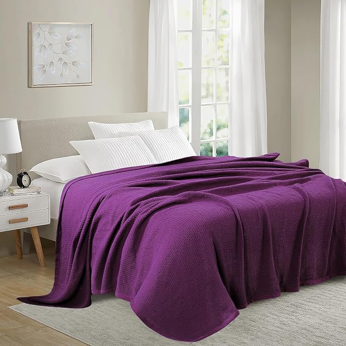 TreeWool Premium 100% Cotton Waffle Summer King Blanket (90"x108", Plum) | 420 GSM Breathable Lightweight Moisture Wicking Soft Knit Thermal Blanket for Bed or Sofa All-season Comfort Machine Washable