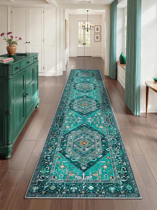 SERISSA Runner Rug for Hallways, 2'6"x12' Washable Non Slip Kitchen Runner Rug, Extra Long Boho Rug Ultra Soft Vintage Teal Print Floor Carpet for Bedroom Hallway Entryway Bathroom Laundry Room