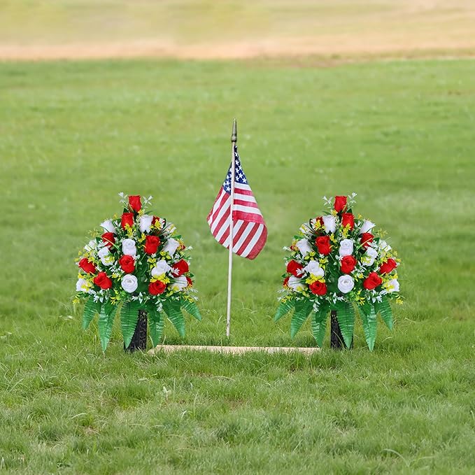 LVXINLI Artificial Cemetery Flowers, Gravesite Decoration Roses, Memorial Bouquets with Cemetery Vase, Vibrant and Long-Lasting Colors (Red + White, 2 Bundles)