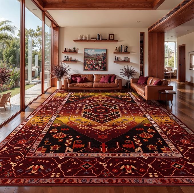 SERISSA 9x12 Area Rugs for Living Room, Large Washable Non-Slip Boho Rug, Ultra Soft Vintage Rustic Red Gold Oriental Tribal Print Distressed Carpet for Dining Room Bedroom Dorm Office Home Decor