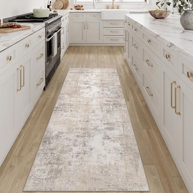 2'6x8 Washable Runner Rug Beige Grey Abstract Non Slip Soft Low Pile Hallway Kitchen Rug Neutral Modern Carpet for Laundry Bathroom Bedroom Living Room Home Decor