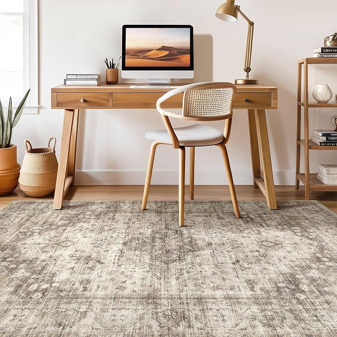 7x9 Area Rug Living Room: Washable Boho Large Neutral Vintage Soft Rug Stain Resistant Farmhouse Non Slip Indoor Floor Carpet for Bedroom Nursery Kids Playroom Office Dining Room- Tan