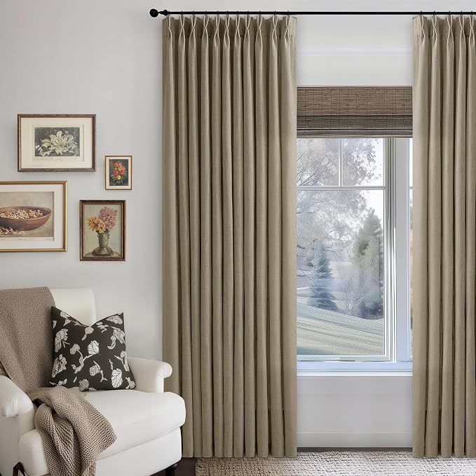 Pinch Pleated Linen 108 Inch Curtains 70 Inch Width for Living Room Divider Light Filtering Thick Light Brown Linen Extra Wide Patio Curtains for Sliding Door Balcony Floor to Ceiling Window 1 Panel